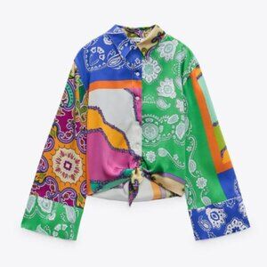 2/30‎ Zara Satin Paisley Patchwork Blouse Colorful Long Tie Bell Sleeves Large M